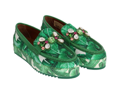 Green Banana Print Brocade Crystal Moccasins Shoes