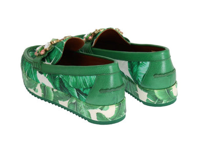 Green Banana Print Brocade Crystal Moccasins Shoes