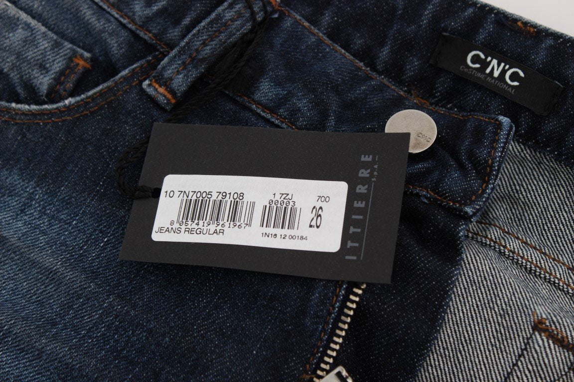 Blue Cotton Torn Regular Fit Jeans