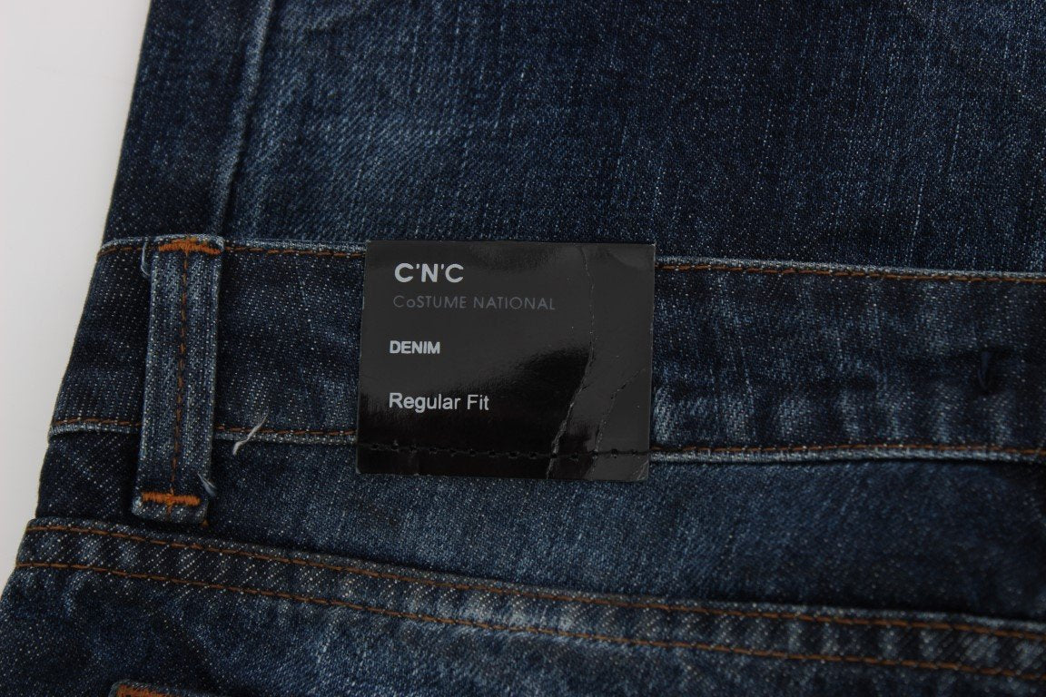 Blue Cotton Torn Regular Fit Jeans