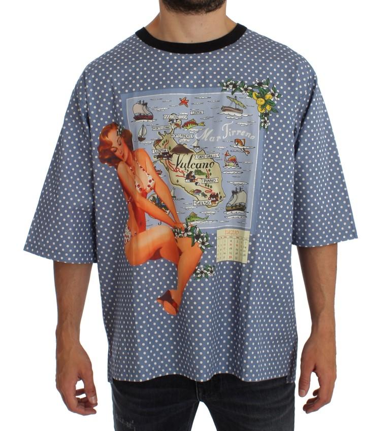 Blue SICILY Map Print Crewneck T-shirt