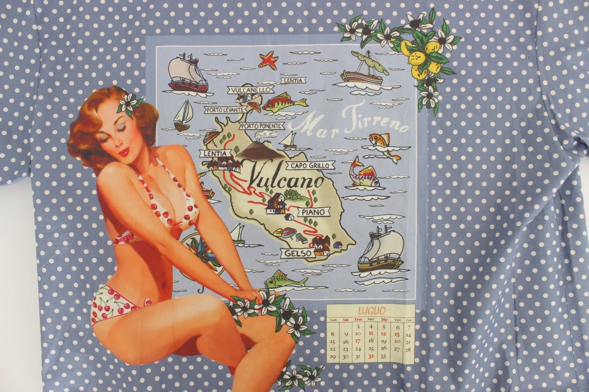 Blue SICILY Map Print Crewneck T-shirt