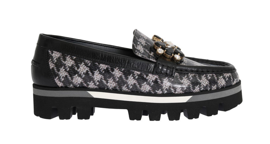 Black Leather Crystal Moccasins Shoes