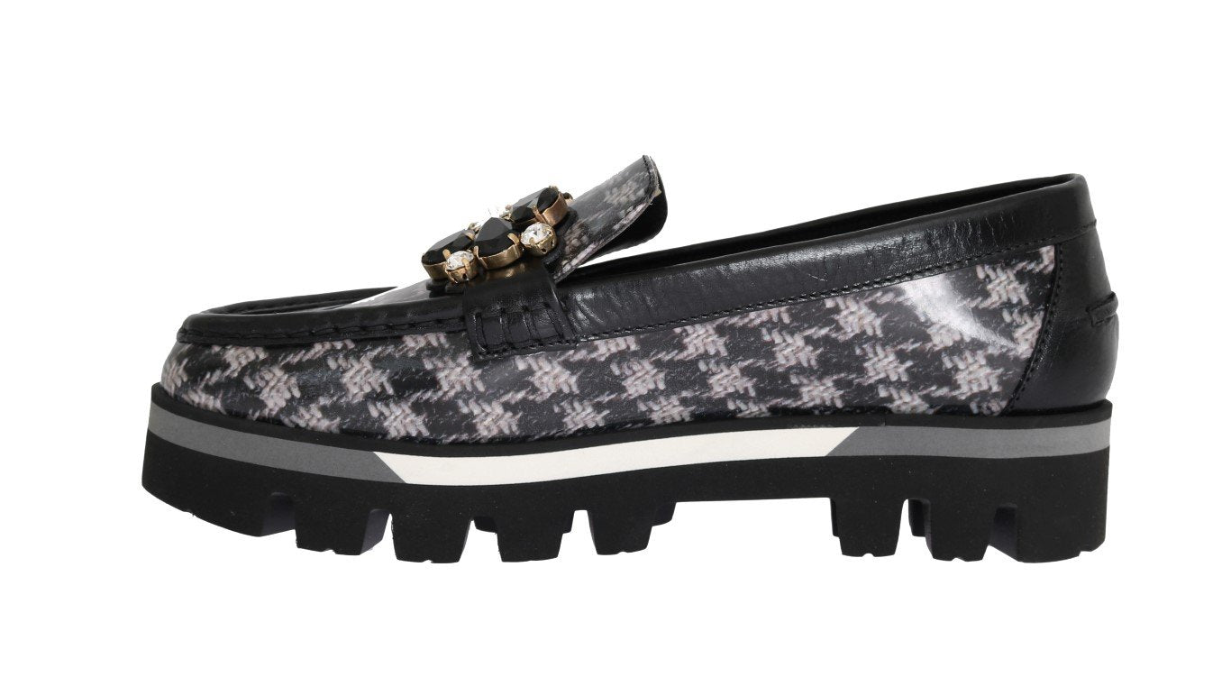 Black Leather Crystal Moccasins Shoes