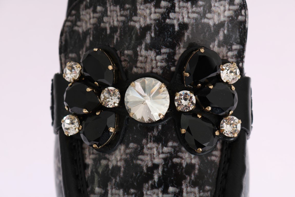 Black Leather Crystal Moccasins Shoes