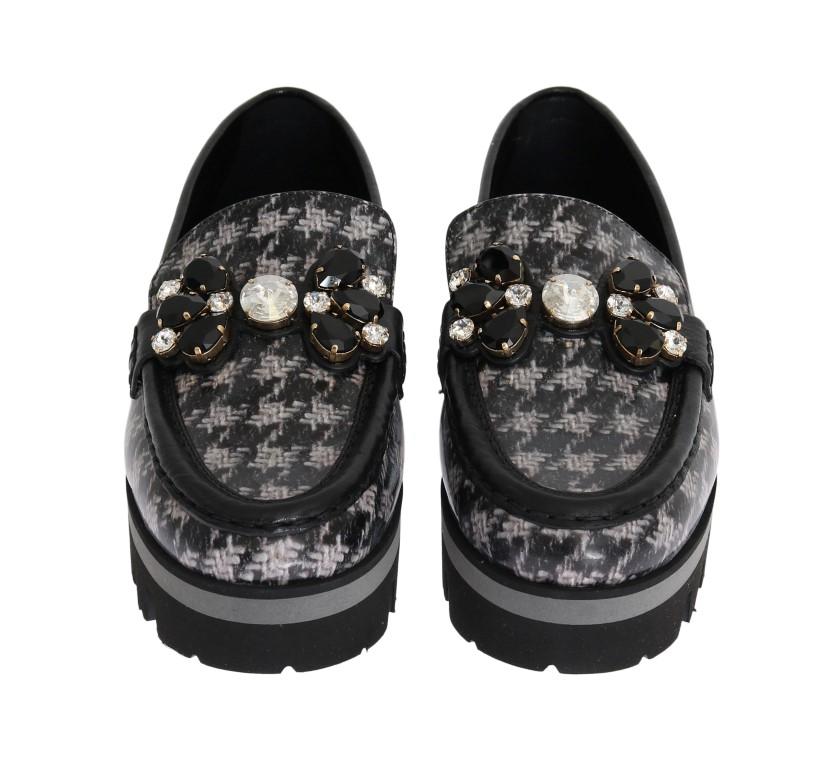 Black Leather Crystal Moccasins Shoes