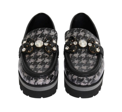 Black Leather Crystal Moccasins Shoes