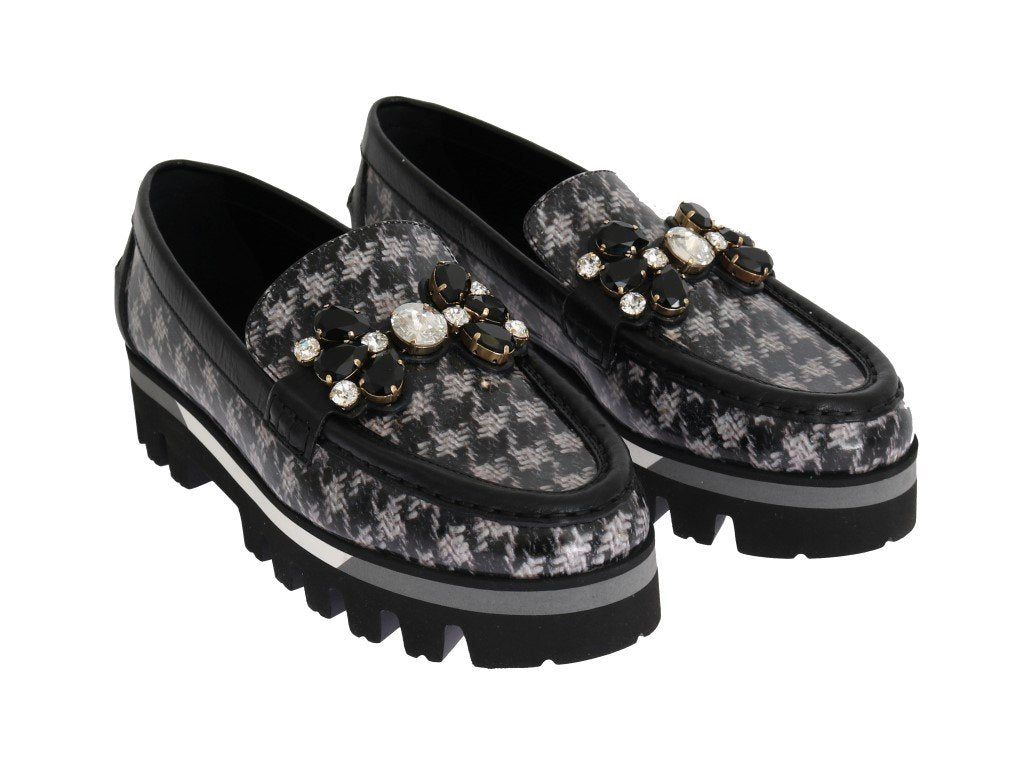 Black Leather Crystal Moccasins Shoes