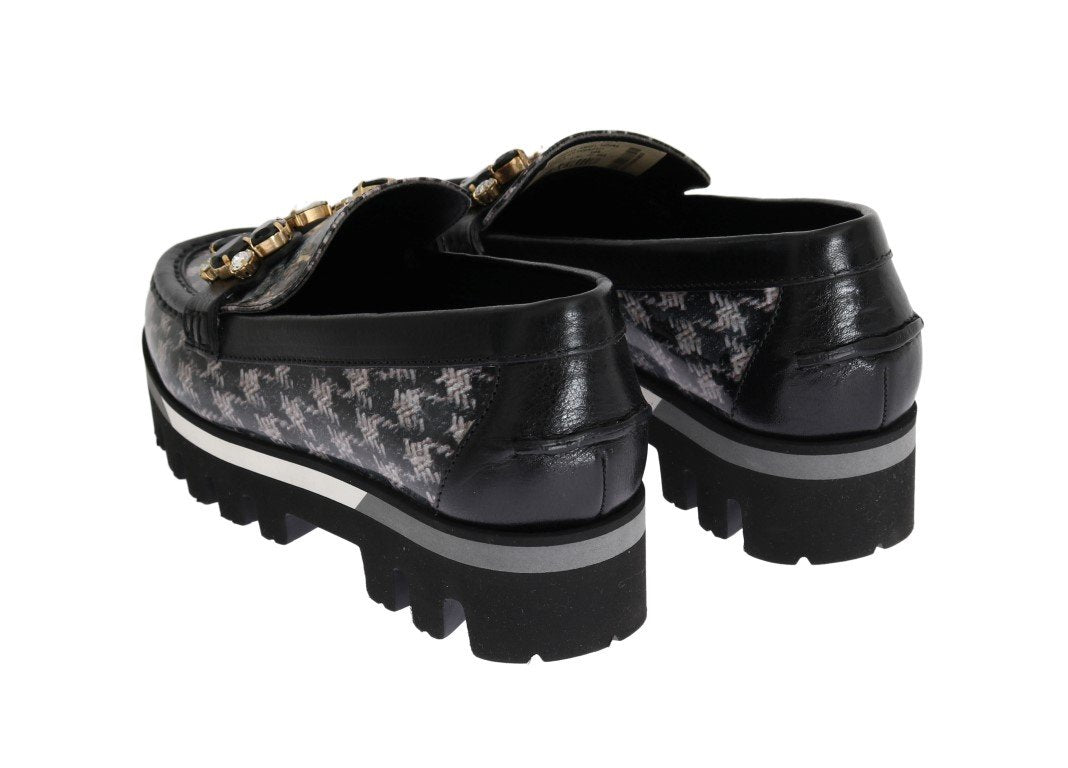 Black Leather Crystal Moccasins Shoes