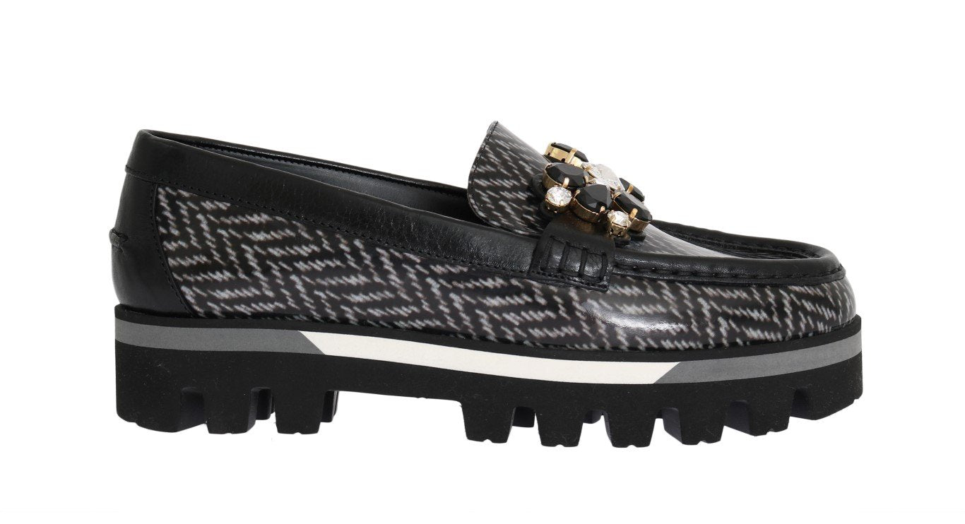 Black Leather Crystal Moccasins Shoes