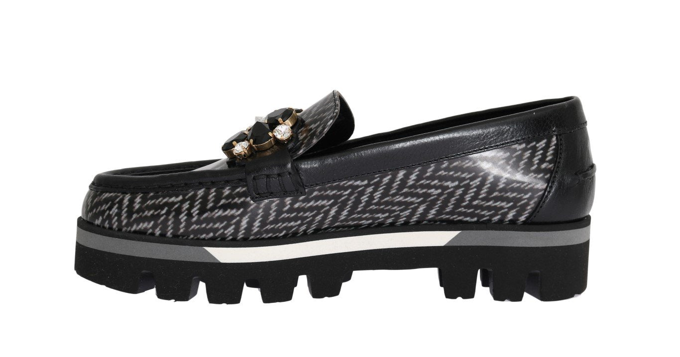 Black Leather Crystal Moccasins Shoes