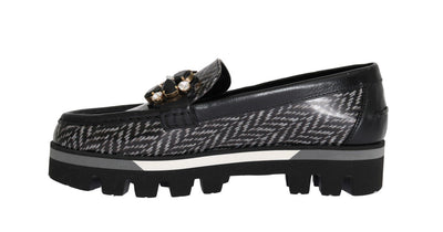 Black Leather Crystal Moccasins Shoes