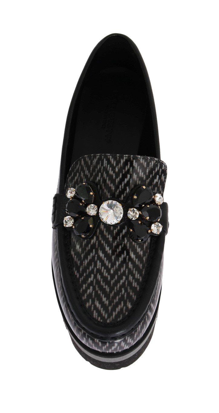 Black Leather Crystal Moccasins Shoes