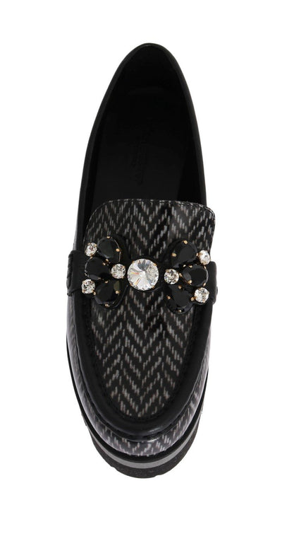 Black Leather Crystal Moccasins Shoes