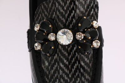 Black Leather Crystal Moccasins Shoes