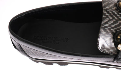 Black Leather Crystal Moccasins Shoes