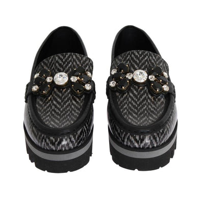 Black Leather Crystal Moccasins Shoes