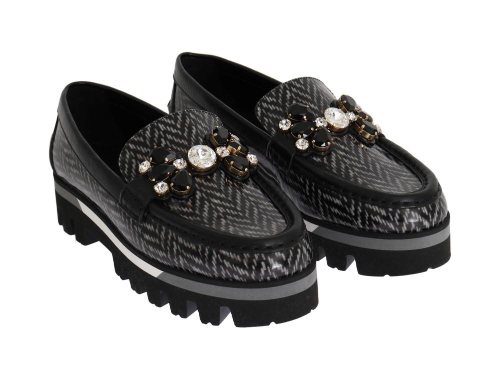 Black Leather Crystal Moccasins Shoes