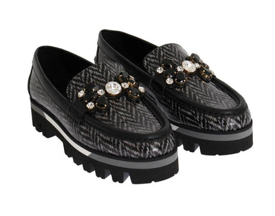 Black Leather Crystal Moccasins Shoes