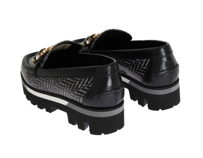 Black Leather Crystal Moccasins Shoes