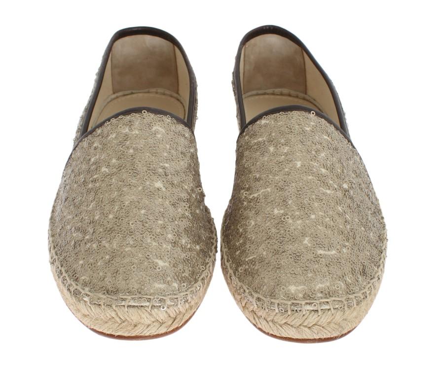 Beige Sequined Logo Loafers Espadrilles