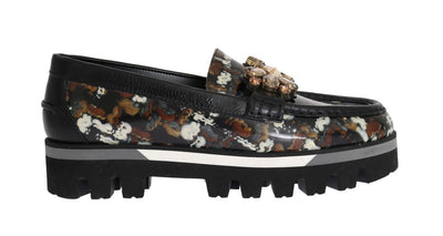 Black Leather Crystal Moccasins Shoes