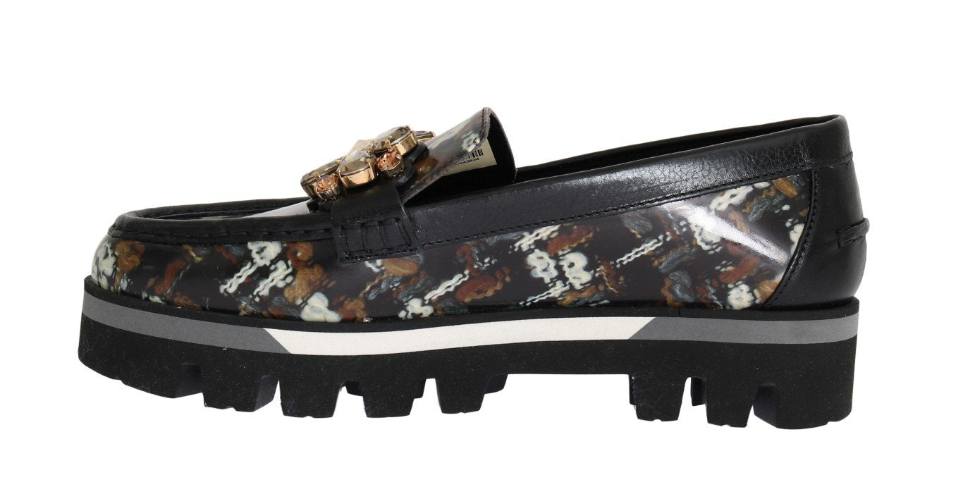 Black Leather Crystal Moccasins Shoes
