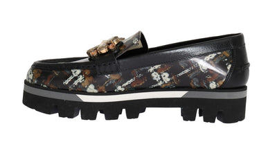 Black Leather Crystal Moccasins Shoes