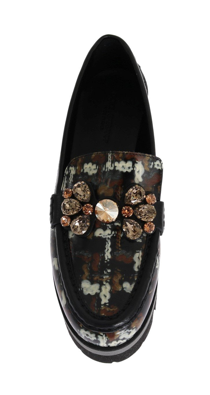 Black Leather Crystal Moccasins Shoes