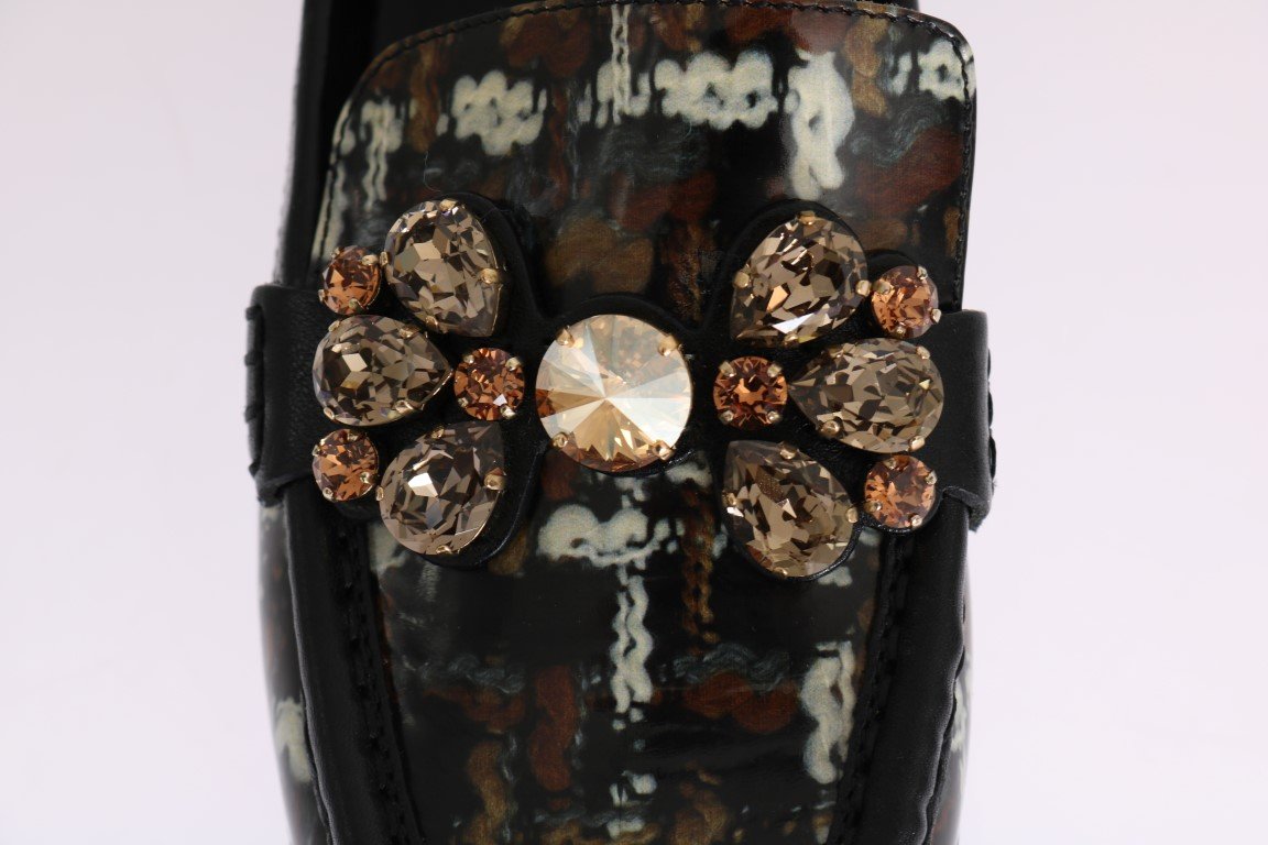 Black Leather Crystal Moccasins Shoes