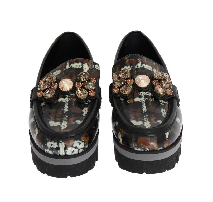 Black Leather Crystal Moccasins Shoes