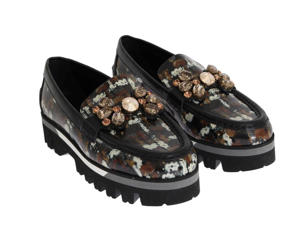 Black Leather Crystal Moccasins Shoes