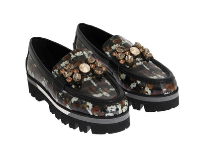 Black Leather Crystal Moccasins Shoes