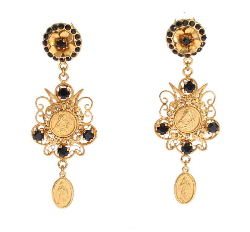 Gold Black Crystal Sicily Dangling Clip On Earring
