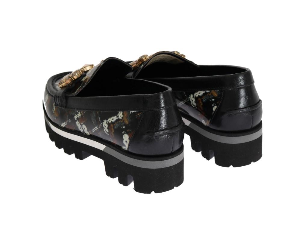 Black Leather Crystal Moccasins Shoes