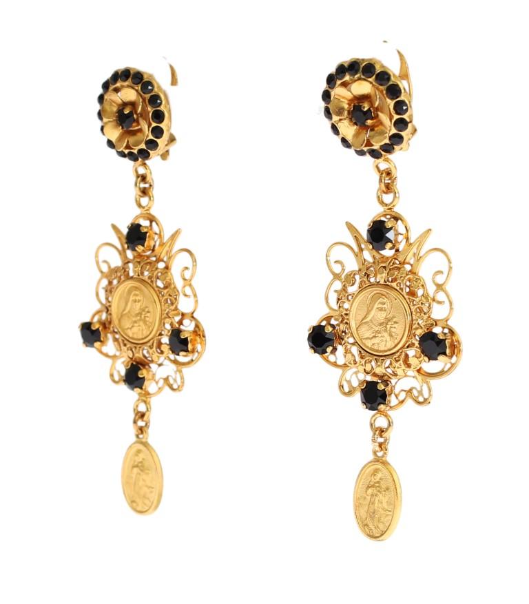 Gold Black Crystal Sicily Dangling Clip On Earring