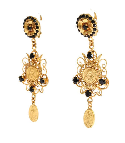 Gold Black Crystal Sicily Dangling Clip On Earring