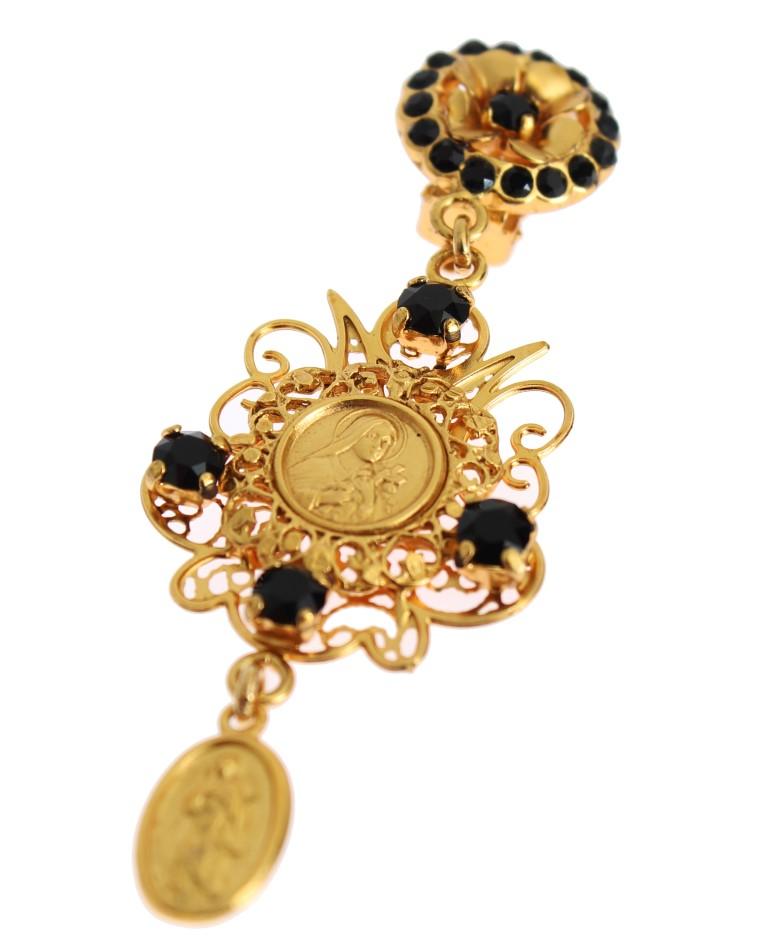 Gold Black Crystal Sicily Dangling Clip On Earring