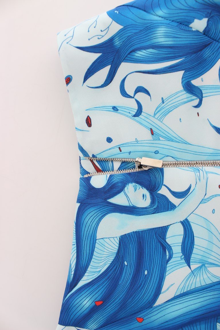 Blue Peplum Fresco-Print Straight Pencil Skirt