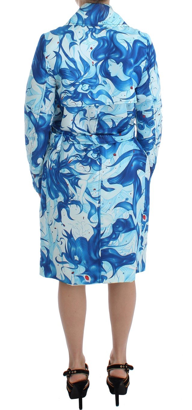 Blue Tempestuous Fresco-Print Trench Coat Jacket