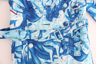 Blue Tempestuous Fresco-Print Trench Coat Jacket