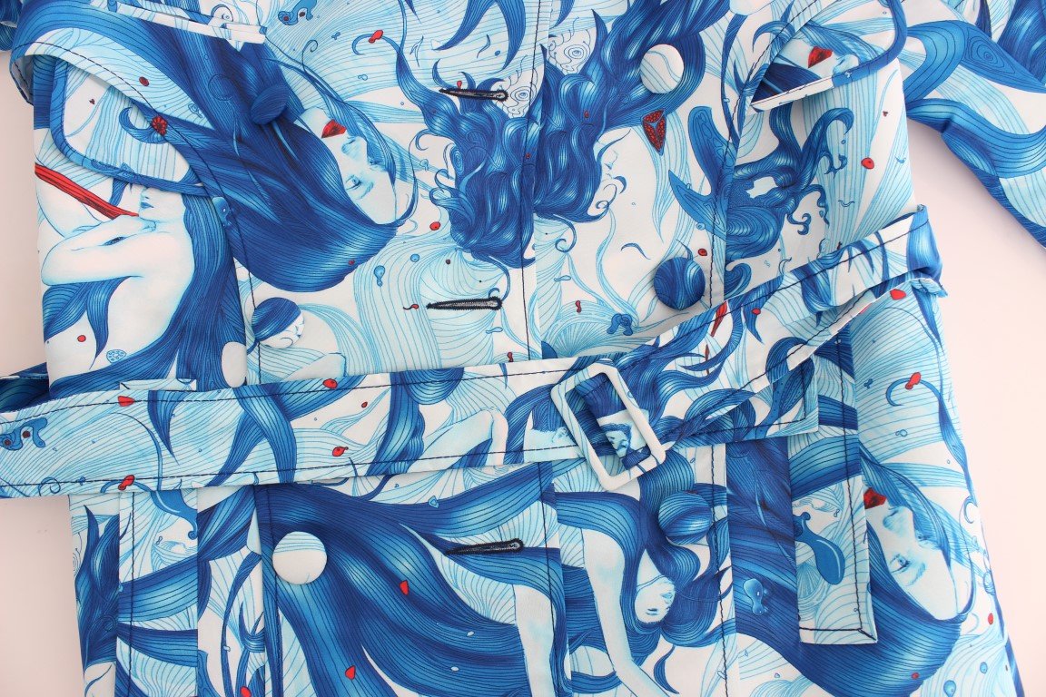 Blue Tempestuous Fresco-Print Trench Coat Jacket