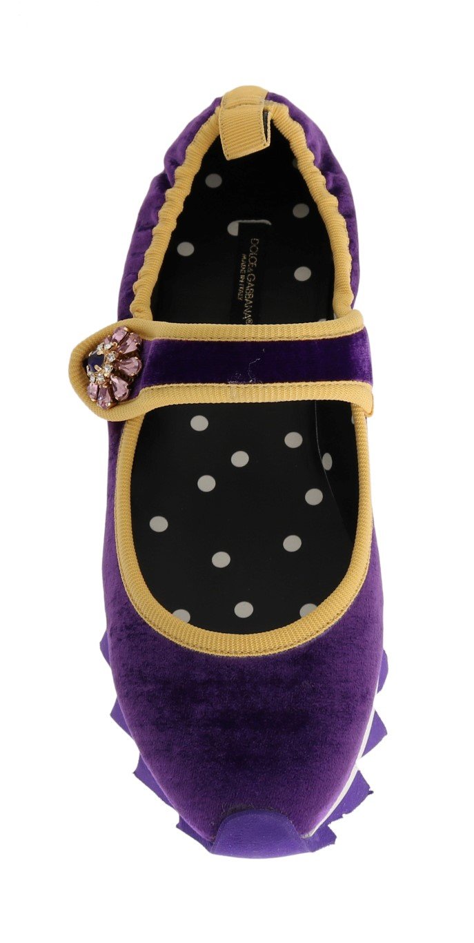Purple Velvet Crystal Strap Ballerina Shoes