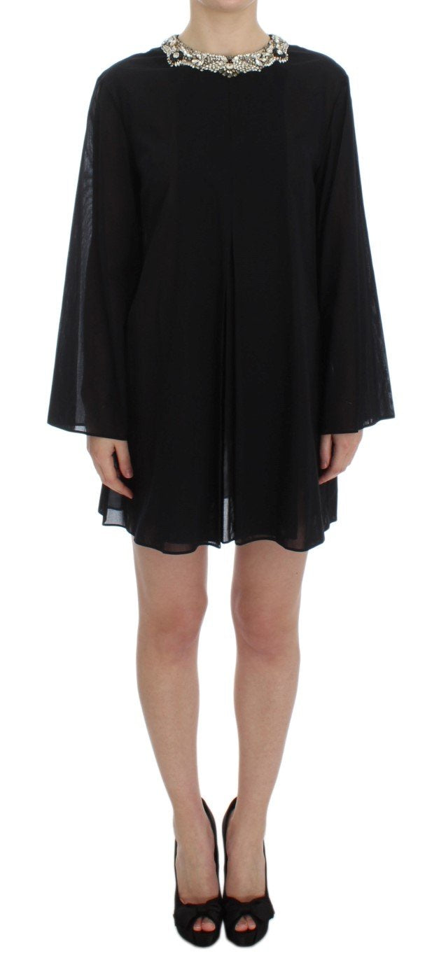 Black Cotton Crystal Collar Dress