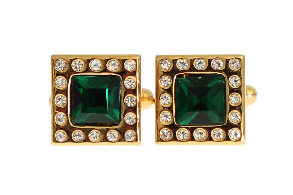 Gold Brass Clear Green Crystal Cufflinks