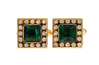 Gold Brass Clear Green Crystal Cufflinks