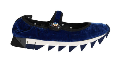 Blue Velvet Crystal Strap Ballerina Shoes