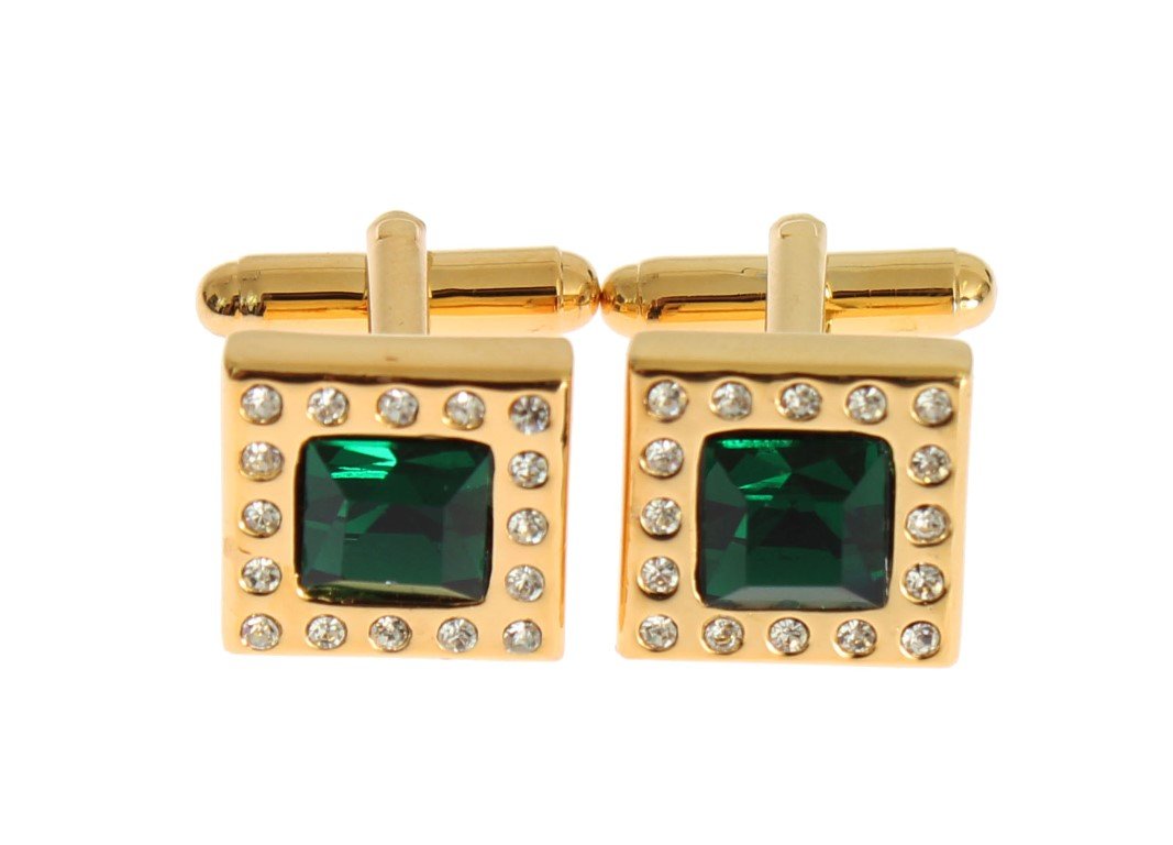 Gold Brass Clear Green Crystal Cufflinks