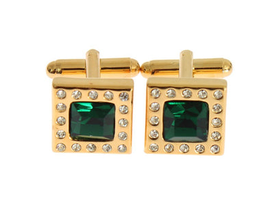 Gold Brass Clear Green Crystal Cufflinks