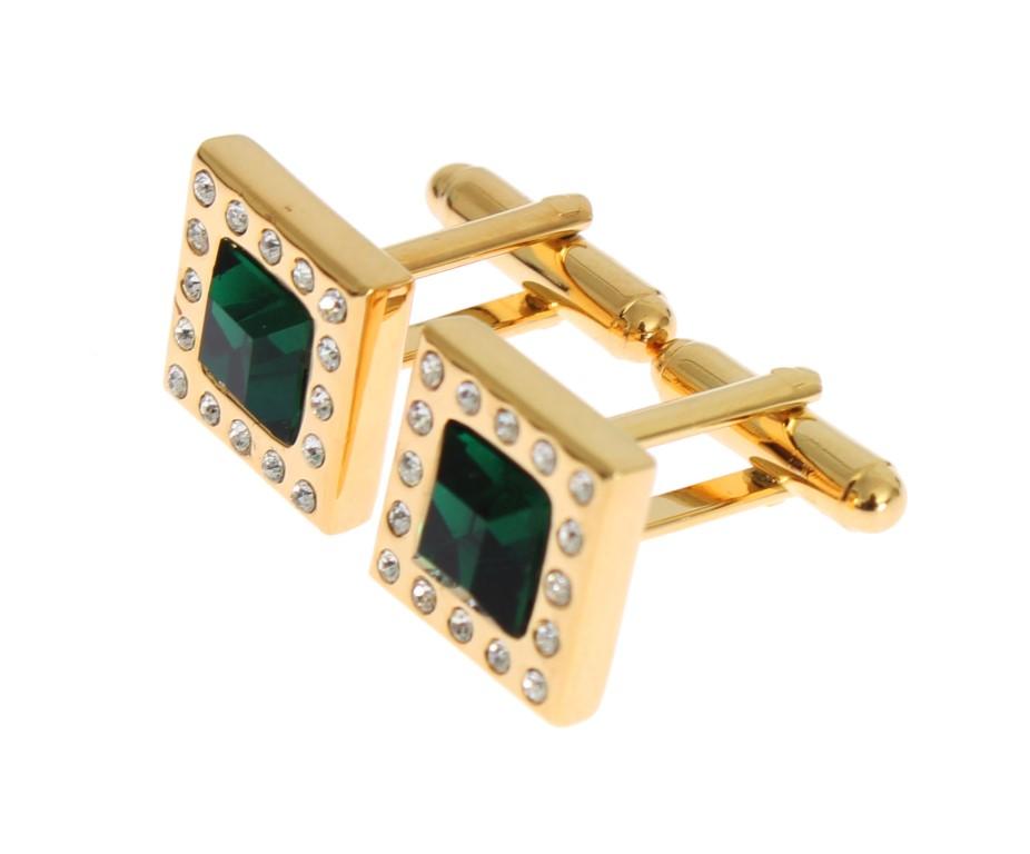 Gold Brass Clear Green Crystal Cufflinks